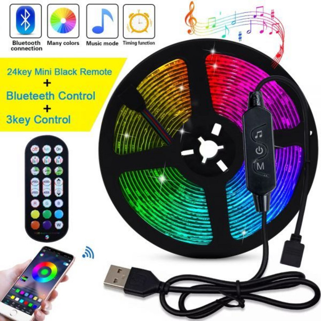 USB 5050 RGB LED 스트립 라이트 블루투스 리모컨 TV 백라이트 휴일 장식 5V 5m 10m 0.5m 1m 2m 3m 블랙 PCB, [05] 24key 3key mini BT b, [02] Waterproof, [02] 1m, 1개