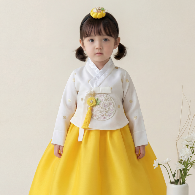 어썸한복 노랑 금박당의 여아한복