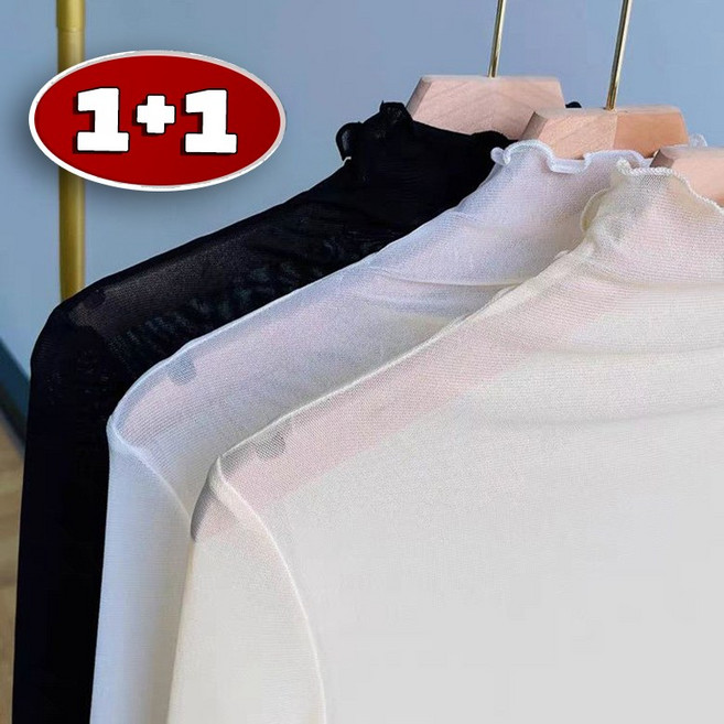 여성 슬림핏 망사티 1+1 여름 반목폴라 시원한 메쉬 긴팔 티셔츠 데일리 무지 레이어드 이너티