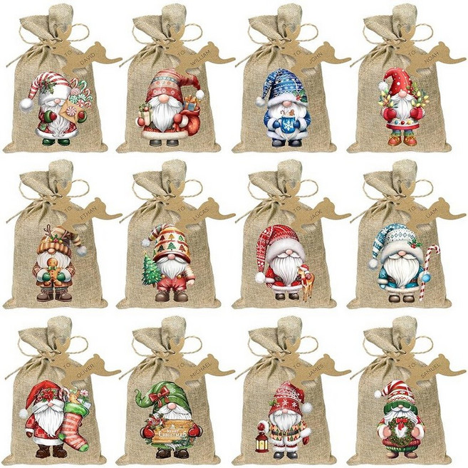24피스 크리스마스 소형 삼베 선물 가방 드로스트링 포함 크리스마스 간식 캔디 백 태그 포함 홀리데이 선물 가방 재사용 가능한 리넨 선물 포장 가방 크리스마스, Gnome