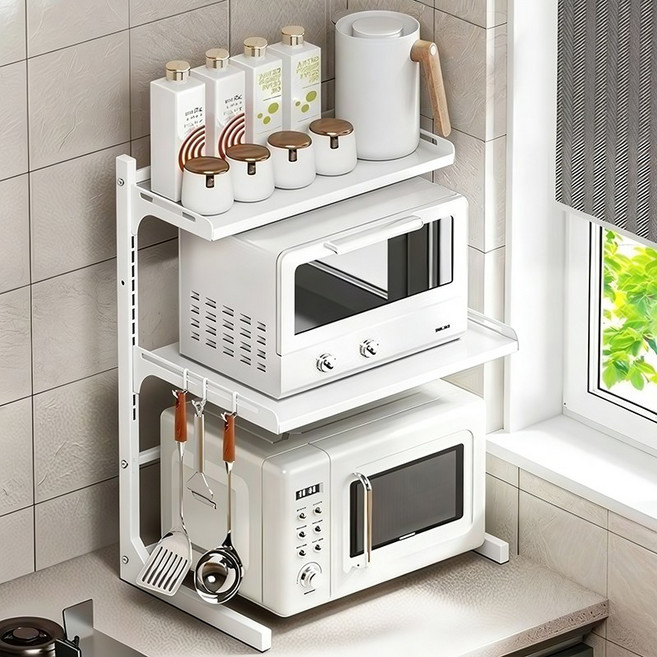 전자렌지 수납장 거치대 높이 넓이 조절 다용도 금속 거치대 높이+ 후크 4p +도마걸이+칼거치대+젓가락통 세트, 3단, 화이트
