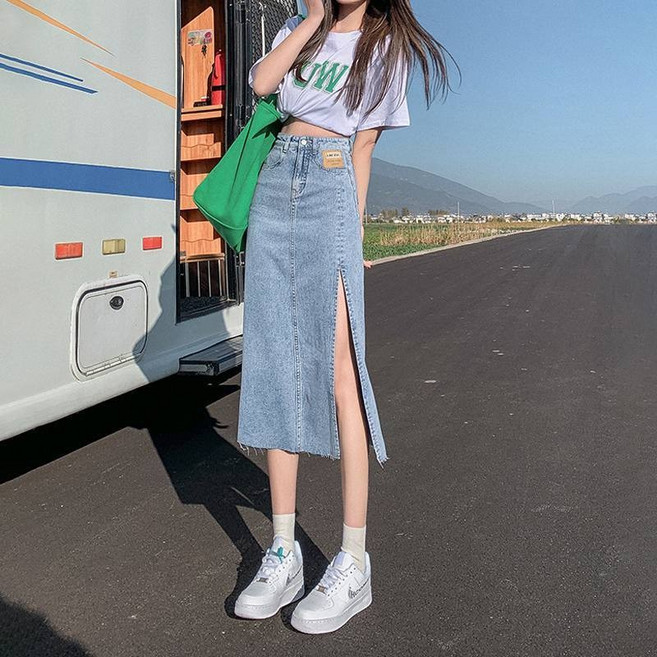嘉義出貨 高腰開叉牛仔半身裙 女生裙子 牛仔洋裝 小個子顯瘦百搭設計感包臀a字裙 牛仔裙 開叉裙 高腰裙 開叉洋裝