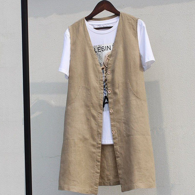 여성 봄여름용 면 린넨 롱조끼 얇은 민소매 브이넥 베스트 자켓 2color