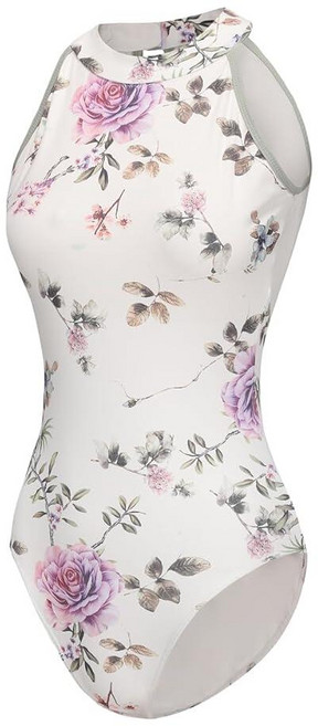 Limiles 여성용 홀터넥 바디수트 키홀 백 체조 발레 댄스 레오타드 상의 댄스웨어 의상 라벤더 레이스 라지, X-Large, 퍼플 & 그린 플라워