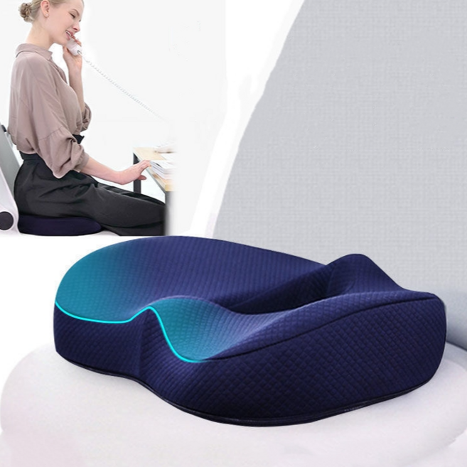 메모리폼 의자 방석 치질 꼬리뼈방석 자세교정 방석 사무실 학생 통기성 엉덩이 쿠션, 진 블루