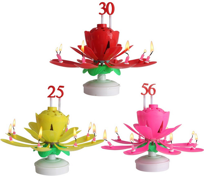 [파티용품] 생일 축하 초 연꽃 멜로디 회전 초 + 숫자 19p, 3개, 혼합색상