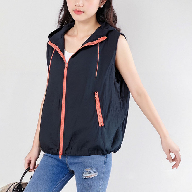 [비보뉴] 빅사이즈 후드 민소매 봄여름 아웃도어 조끼 자외선 차단 아우터 초경량 루즈핏