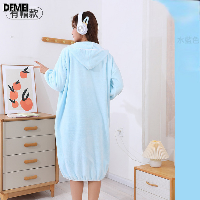 DFMEI 冬季長款居家浴袍女士可穿吸水浴巾珊瑚絨加厚家用連帽長袖浴裙, 1個, 1個裝, 水藍色(連帽款):均碼(OPP袋裝)