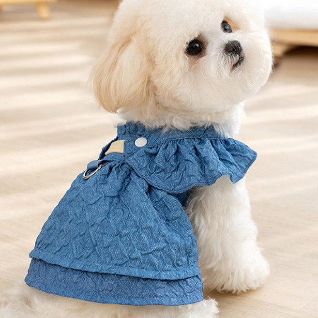 숑숑펫 애완동물 데님 프릴 원피스, 1개, 중청