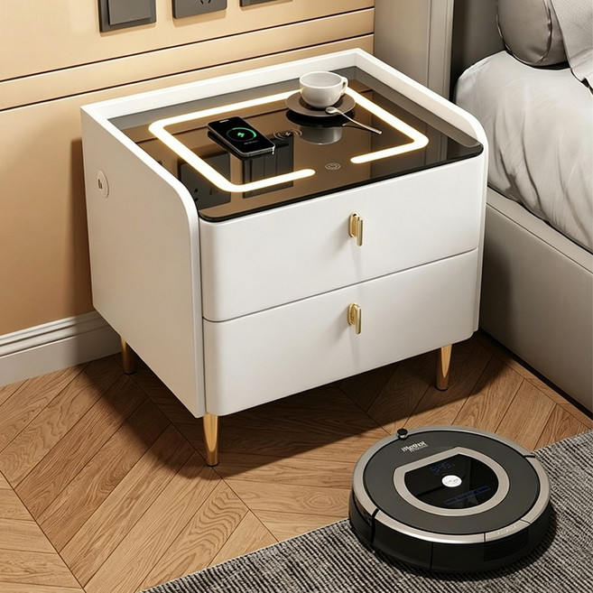 Tixpra 스마트 협탁 프리미엄 협탁 LED분위기등 무선충전 USB 이중 서랍 수납 초소형40cm, 1개, 화이트40*40*46