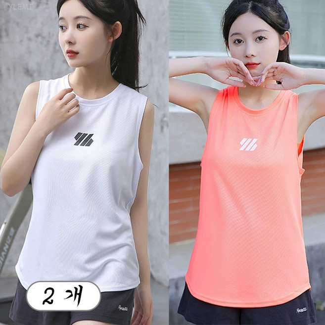 YLEMI 1+1여성 여름 스포츠 민소매 통기성 라운드넥 속건 티셔츠 상의 2장 세트