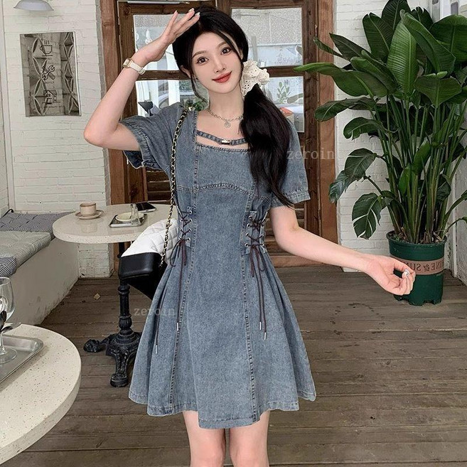 法式氣質牛仔連衣裙女 新款夏季收腰遮肚子大碼寬鬆牛仔連衣裙, 牛仔短款,L(建議50.0-60.0公斤)