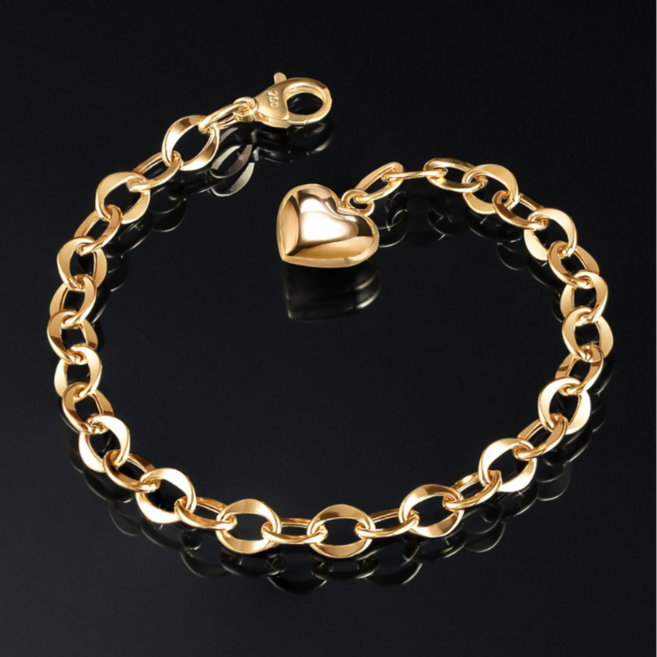 골드앤 18K 딜러브 팔찌 데일리 볼륨 하트참 통통 팬던트 할로우 팔찌