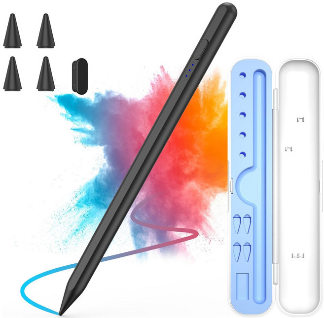 아이패드 터치펜 호환 2018-2024 버전 급속충전 애플펜슬 펜슬케이스+펜촉 교체 포함, 1개, 블랙