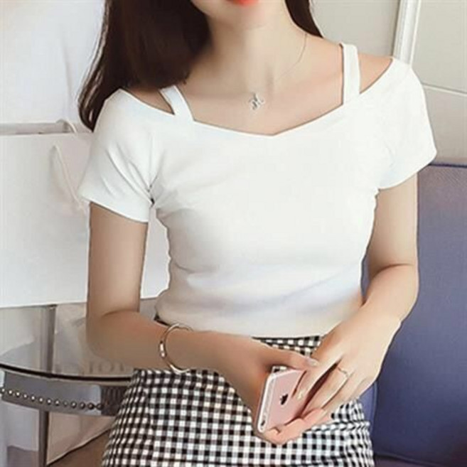 夏季新款韓版露肩吊帶短袖T恤女 一字領性感修身顯瘦上衣