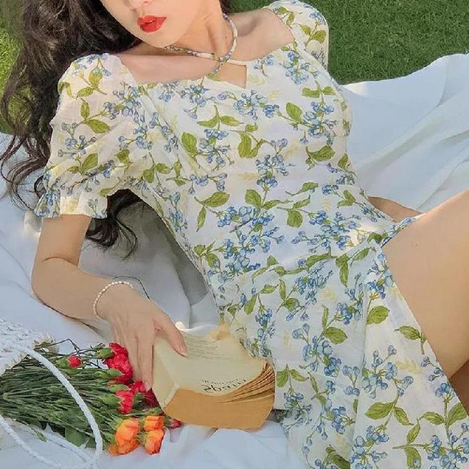 法式綁帶碎花連衣裙 夏季新款方領開叉中長裙, 圖片色,XL