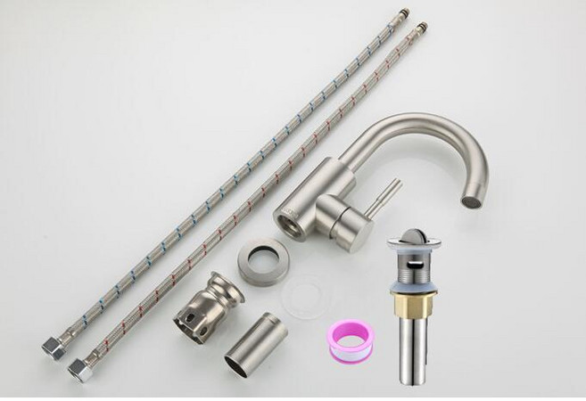 304不鏽鋼單孔面盆水栓 360度旋轉出水管, 1個, B3049不鏽鋼單孔臉盆冷熱小U龍頭