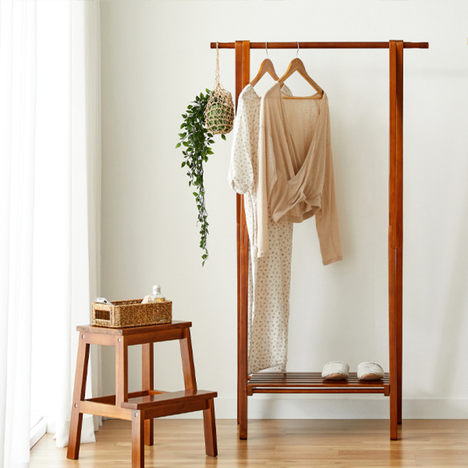 테라홈 르네 접이식행거 원목 스탠드 옷걸이 선반, 브라운