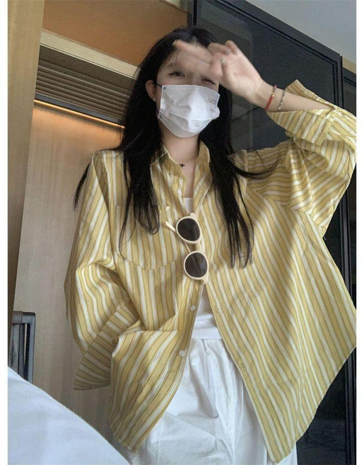 豎條紋長袖襯衫 女寬鬆百搭學院風春秋薄款襯衣