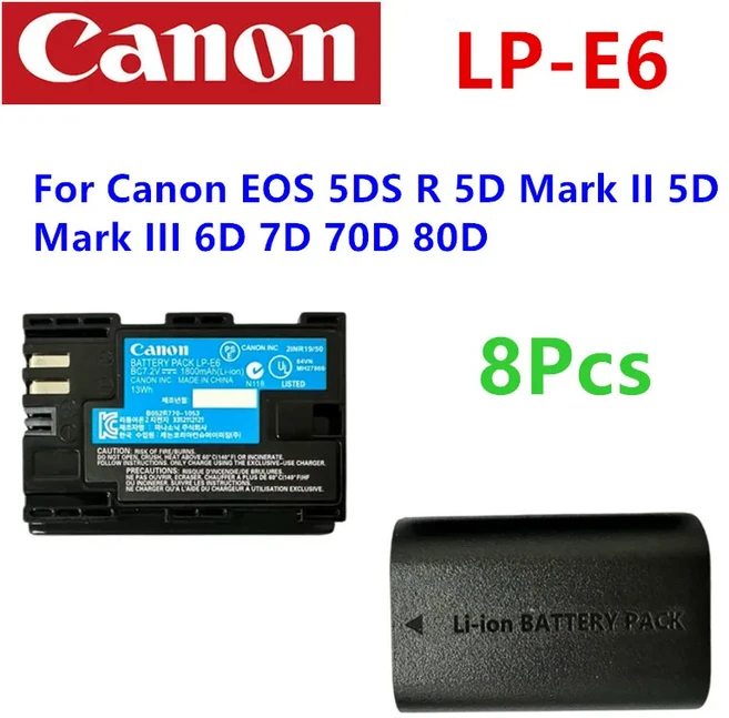 캐논 EOS 5DS R Mark II 6D 7D 카메라용 LP E6 배터리, 1개, 02 LP-E6-8Pcs
