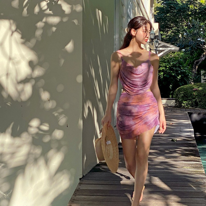 [비치팜]페어리 물나염 3피스 비키니 비치웨어 바캉스 수영복 스커트 세트, 퍼플핑크