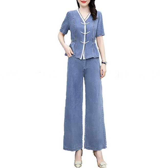 셀럽당 여성 아이스 데님 세트 봄여름 캐주얼 패션 반팔 티셔츠+와이드팬츠 투피스