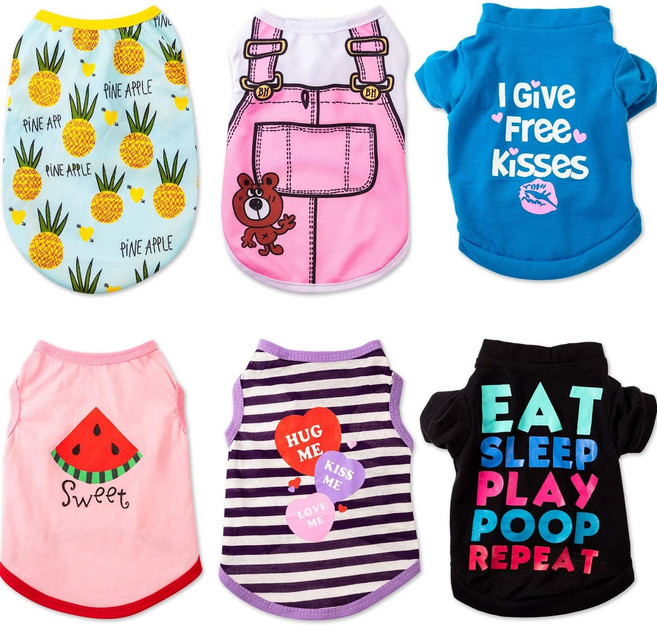 새티니어 6개 강아지 옷 프린트 티셔츠 귀여운 반려동물 면 셔츠 소형견 의류 여름 크리스마스(XS)용