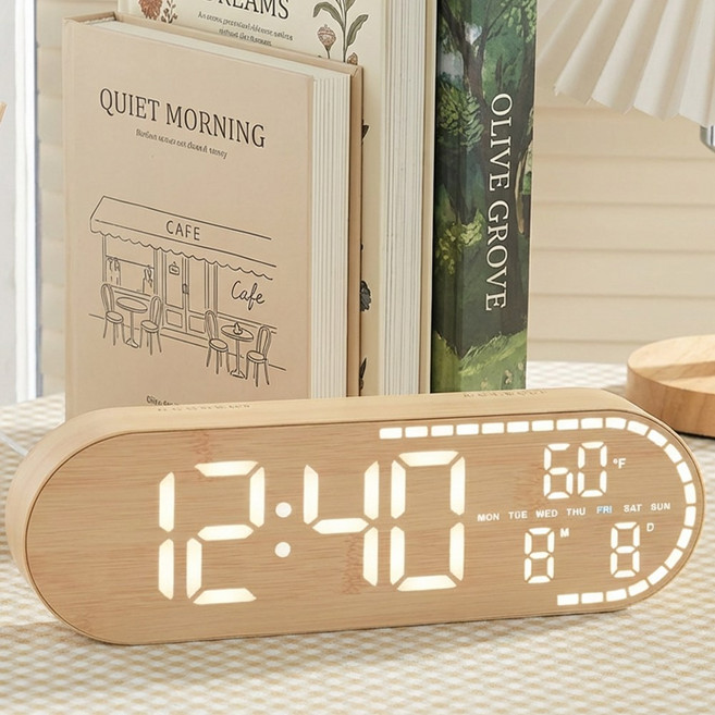 Mayho 무소음 디지털 탁상시계 온도 날짜 알람시계 인테리어 LED 벽시계, 옐로우