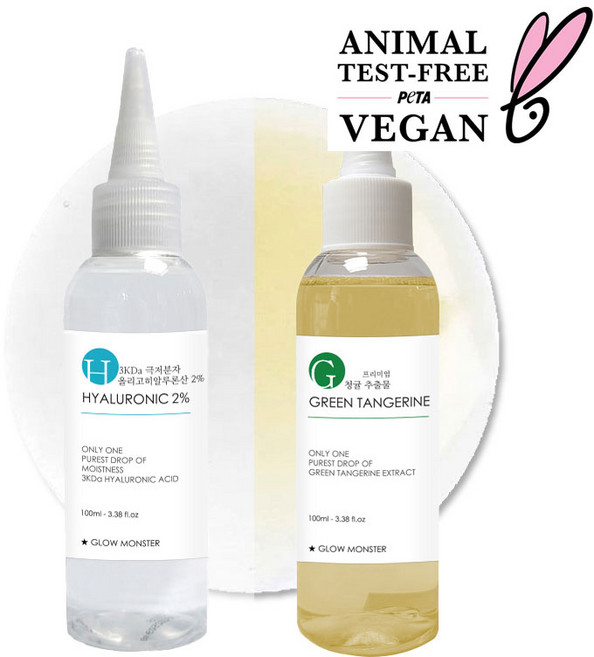 [비건뷰티] 글로우몬스터 프리미엄 청귤 추출물 100ml + 3Kda 올리고 히알루론산 2% 원액 100ml, 1세트