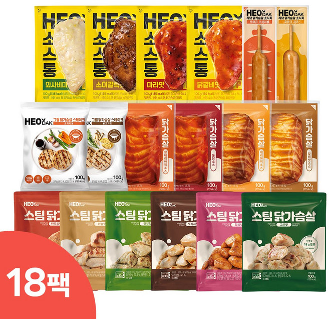 허닭 베스트 닭가슴살 맛보기 패키지, 100g, 18개
