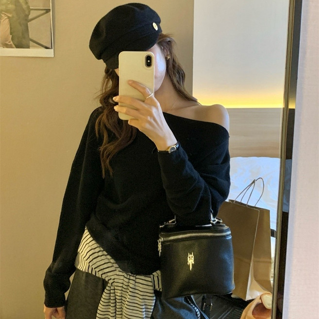 ZAJA 여성 봄가을 언발 오프숄더 니트 티셔츠 긴팔 니트티