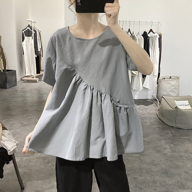 여성 러플카라 프릴블라우스 여름반팔 스퀘어넥 하객룩 원포켓러플블라우스