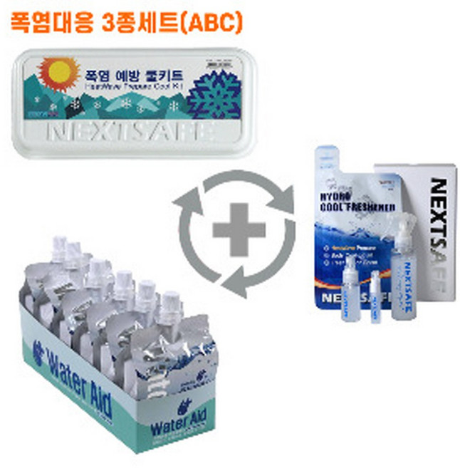 [CT3ABC]쿨템3종 쿨키트 쿨링프레쉬너 워터에이드 넥스트세이프 폭염응급키트 무더위쉼터 온열질환 대량 판촉 홍보 건설 현장 주민 복지 트래킹 산악 도로 공사 학교 기관 협회, 1세트