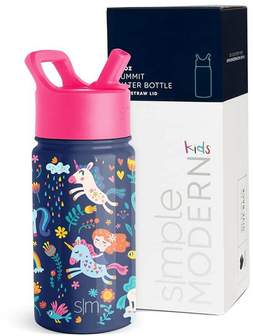 Simple Modern Kids Summit Water Bottle with Straw Lid | 14oz Insulated Stainless Steel Cup for Gir, -유니콘 무지개