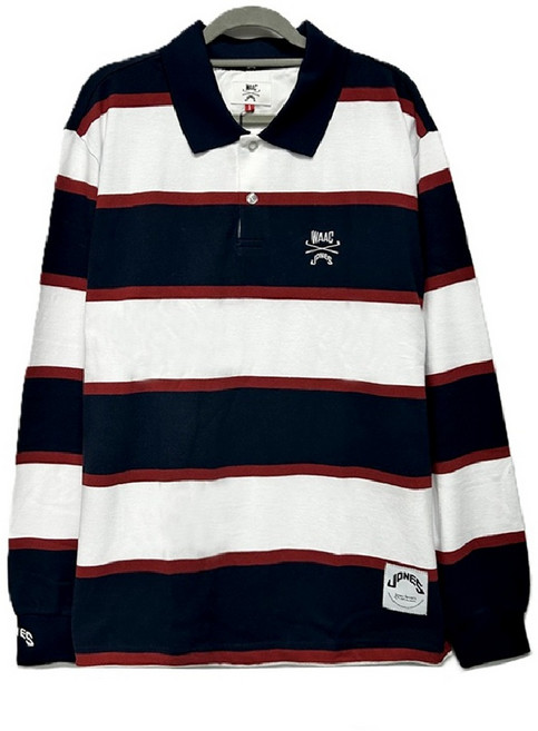 코오롱 왁 WAAC 골프 x JONES 존스 콜라보 남성 스트라이프 긴팔 티셔츠 네이비 밑단 스트링 코튼 카라티