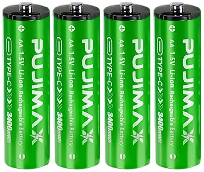 PUJIMAX 가전제품용 AA 1.5V 3400mWh 리튬이온 건전지 TYPE-C 직접충전 그린케이스, 2개, 4개입