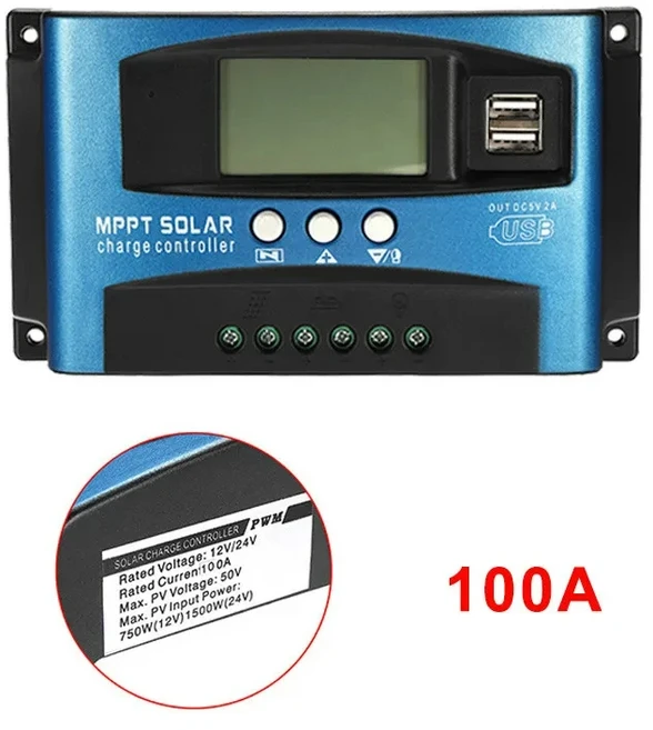MPPT 태양열 충전 컨트롤러 12V 24V 전지 패널 배터리 30A 40A 50A 60A 100A 듀얼 USB LCD 디스플레이 레귤, 01, 02 MPPT-100A