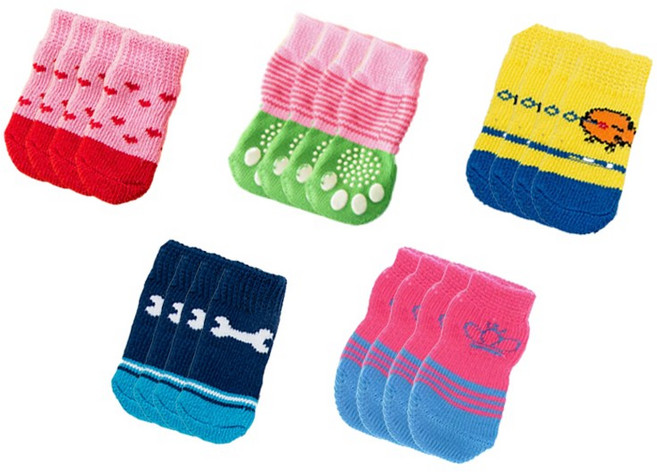 리노아 강아지 미끄럼방지 양말 반려동물 애견 고양이 발보호 미끄럼방지 양말, 1세트, 블루+핑크 그린+옐로 블루+다크 핑크+핑크