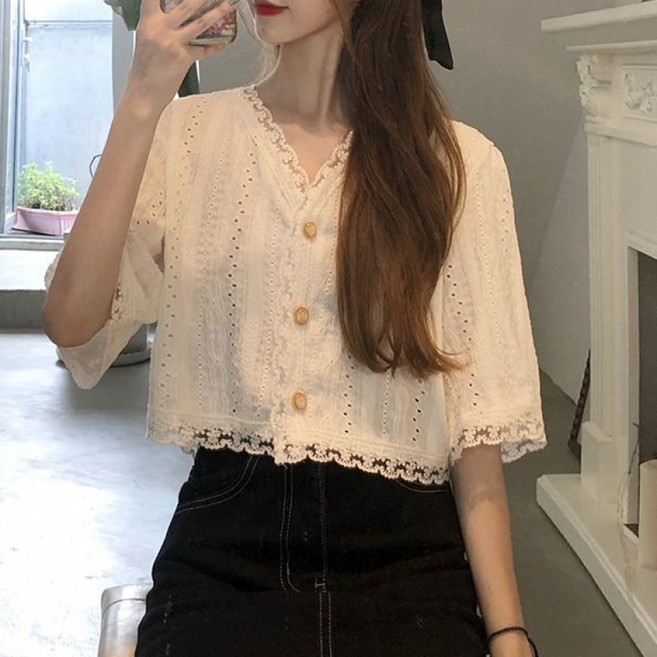 DUOMIHAN여성 블라우스 레이스 버튼 반팔 WZS60313