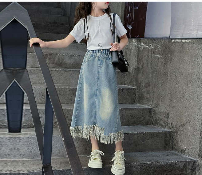 Toruva어린이 청바지 롱스커트 스타일리시 디자인 신축성 허리 프린지 스커트14세 이상