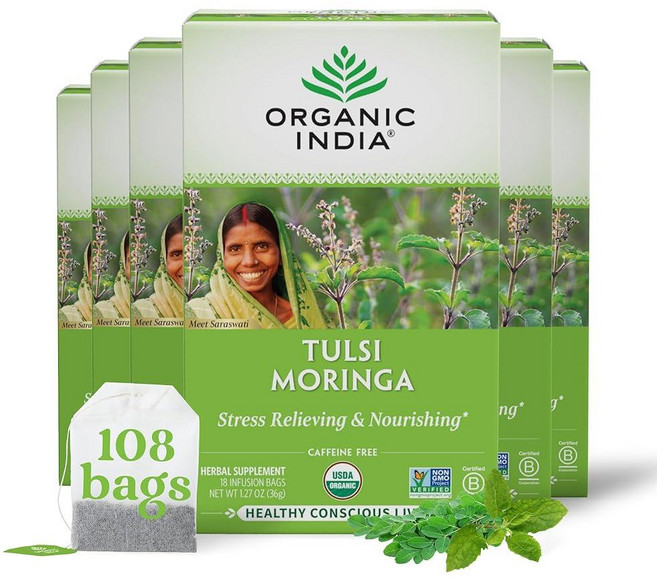 Organic India Tulsi 레몬 진저 티백 - 허브 티 스트레스 완화 및 재생 면역 지원 소화 보조 비건 USDA 인증 유기농 GMO 프리 카페인 프리 -, Moringa, 18개(6팩), 18개