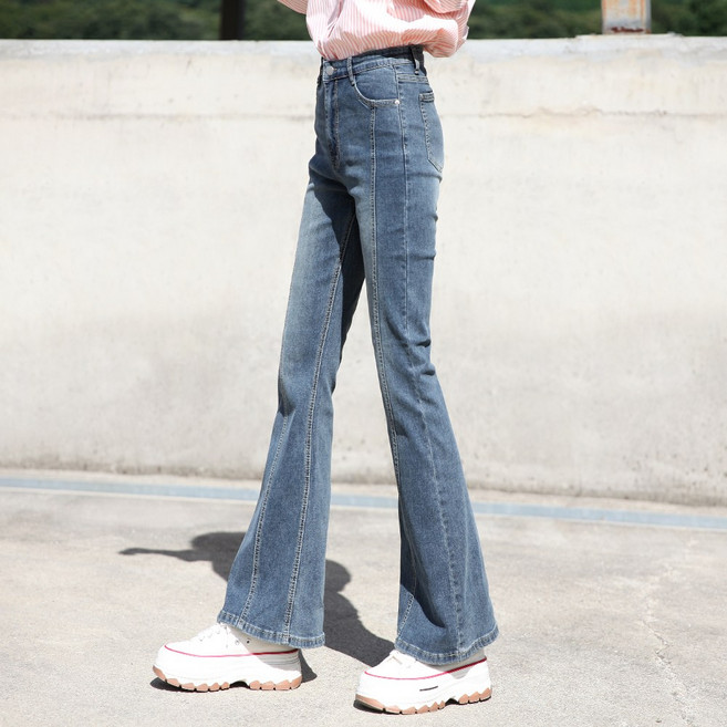 동대문스타일 여성 앞 사선 절개라인 스판 슬림핏 부츠컷 청바지 봄가을 여자 하이웨스트 데님팬츠 레트로 하이웨스트 진