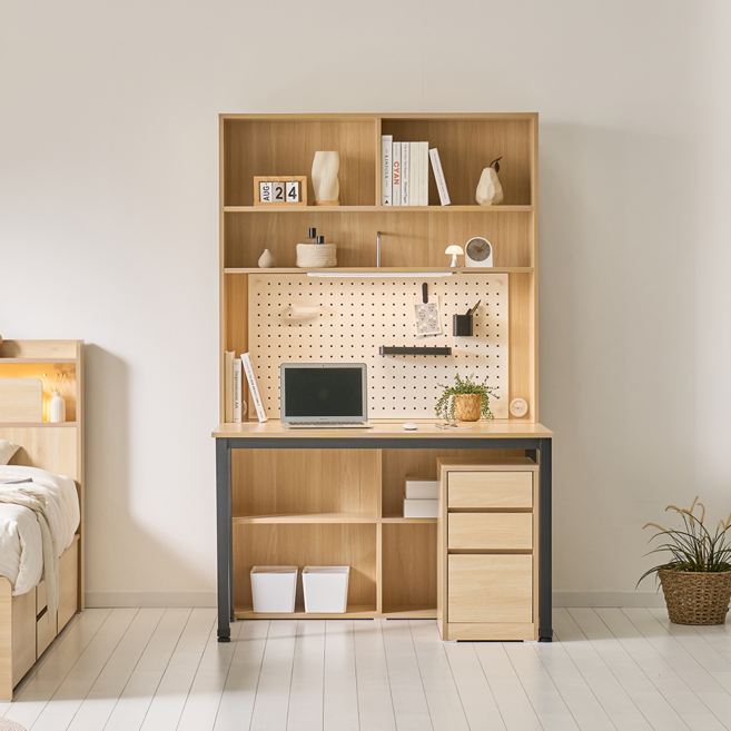 스위트 시력보호기능 LED 조명 전면 일자 독서실 공부 데스크책상세트 1200, 화이트, 책상+책장+조명, 메이플워시