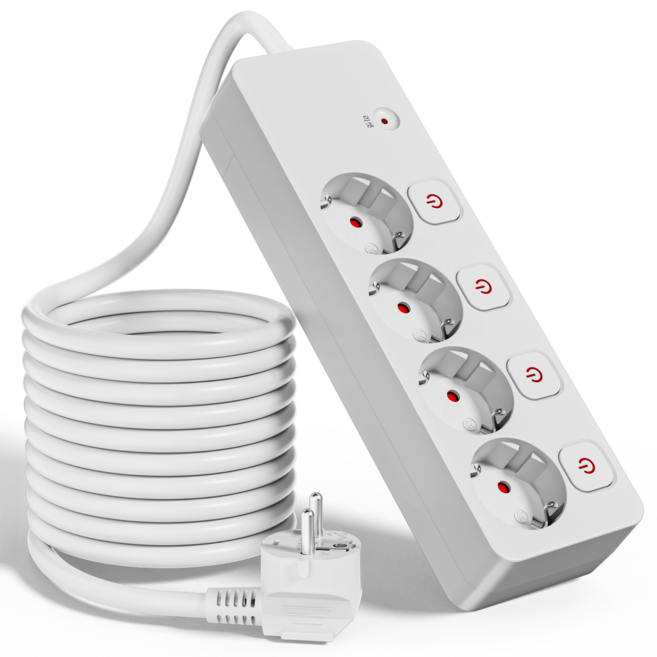 sinwark 멀티탭 콘센트 고용량 4구 개별스위치 과부하 차단 누전차단 16A 250V 4000W, 1개, 흰색, 5m