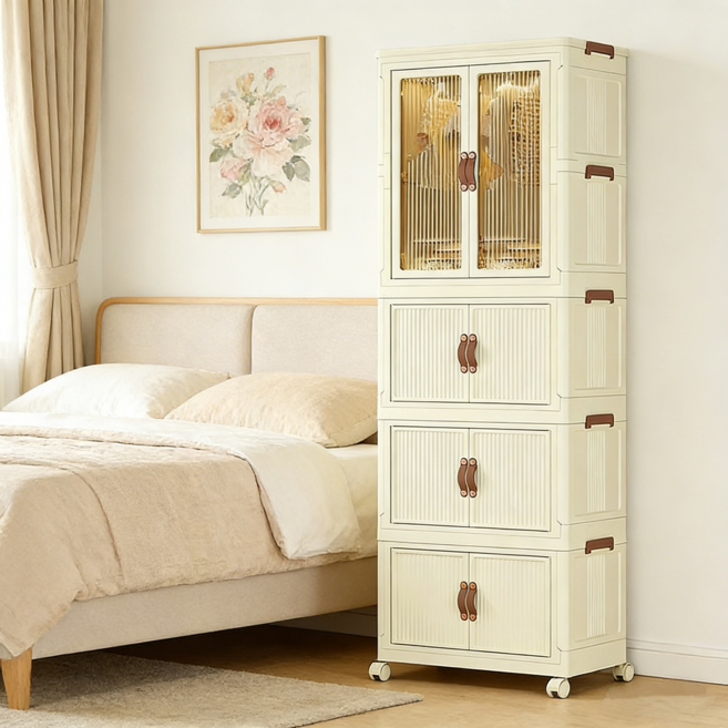 YISOKO 대용량 다용도 리빙박스 정리함 폴딩 옷장 수납장 원룸 비키니 옷장, 1단 옷장+3단 수납장(65cm*40cm*180cm)