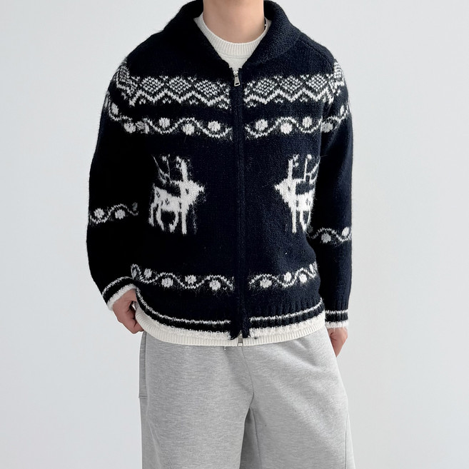 왓위웨어 남자 노르딕 니트집업 눈꽃 오버핏 두꺼운 크리스마스 니트 스웨터