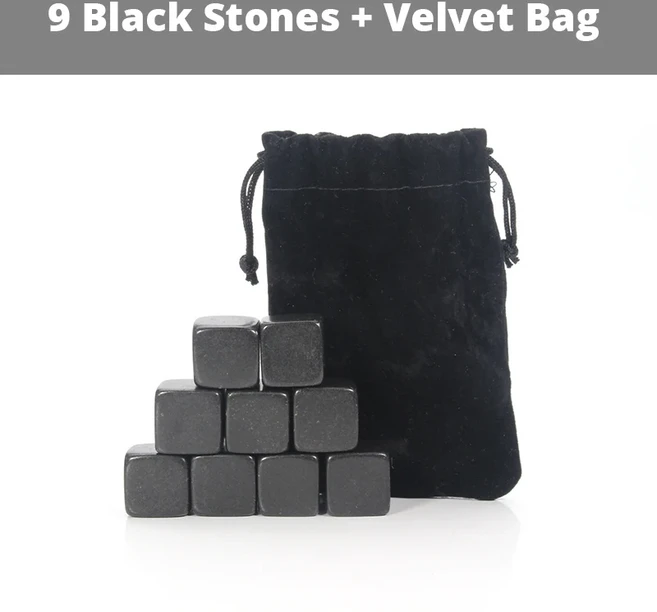 위스키 스톤 세트 9개의 천연 고급 나무 상자 버번 애호가를 위한 선물로 제격, 02 9pcs Bag Black