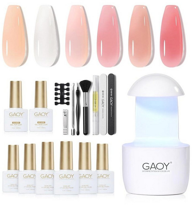 GAOY 초보자를 위한 UV 조명이 있는 젤 네일 폴리쉬 키트 6가지 색상 시어 젤리 누드 핑크 가정용 살롱 및 아트 DIY용 탑 베이스 코트 포함 핑크쉬, 밀키 화이트 누드, 밀키 화이트 누드, 1