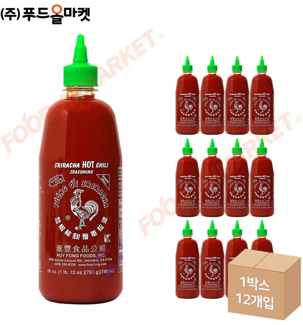 ) 후이퐁 0칼로리 쓰리라차 닭표 스리라차 핫 칠리소스 793g, 12개