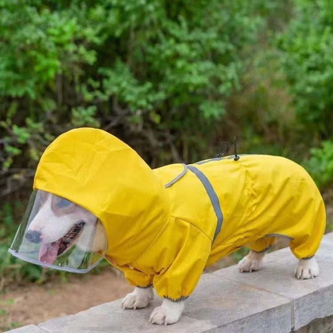 寵物雨衣 四腳全包 防水雨衣 狗狗雨衣, 升級黃色收腰 腹部調鬆緊反光條,2XL, 1個